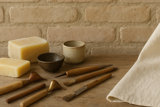 Batik creation tools including wax, brushes, bowls, and fabric laid on a rustic wooden table.