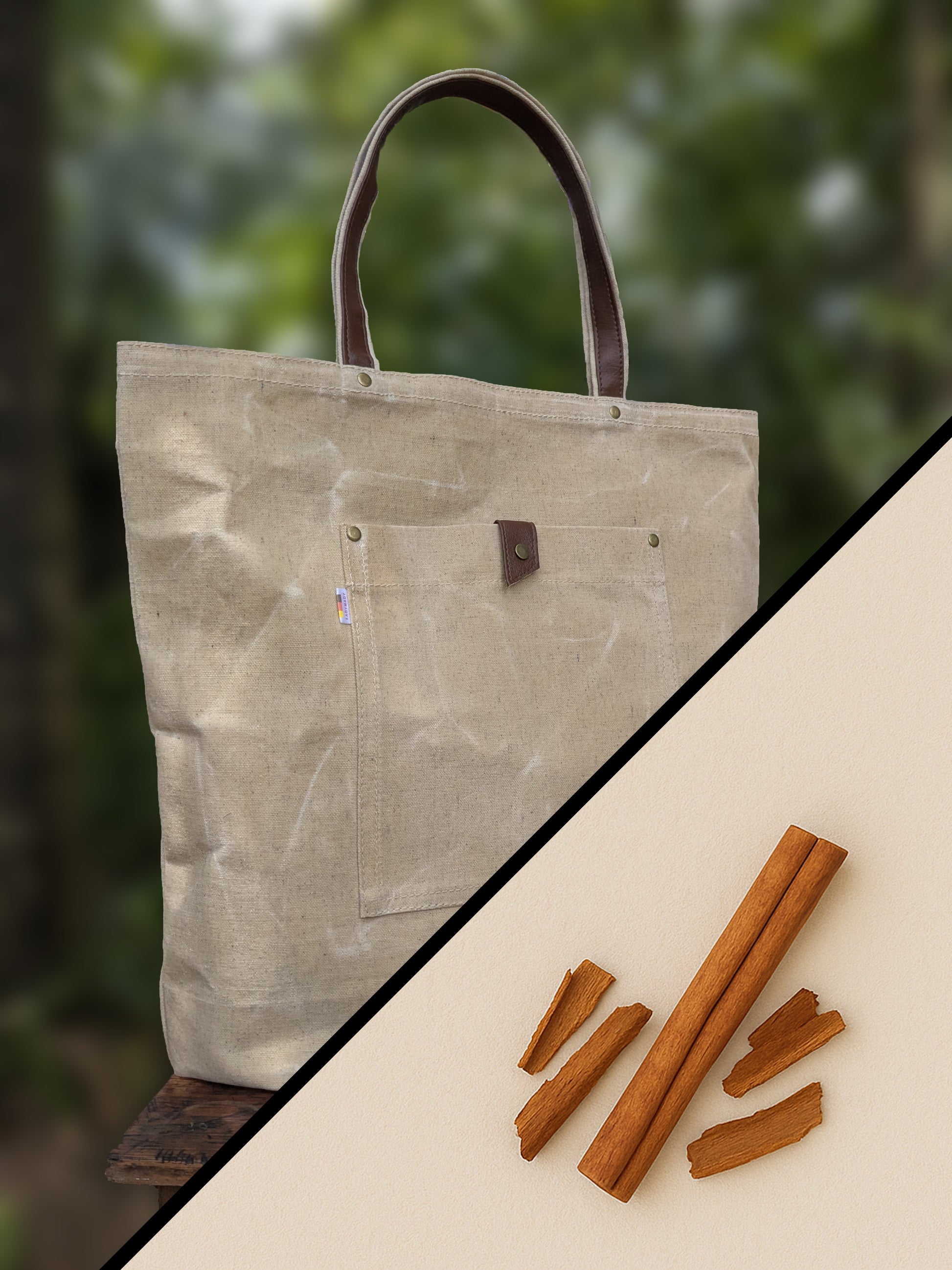 Waxed canvas tote bag.