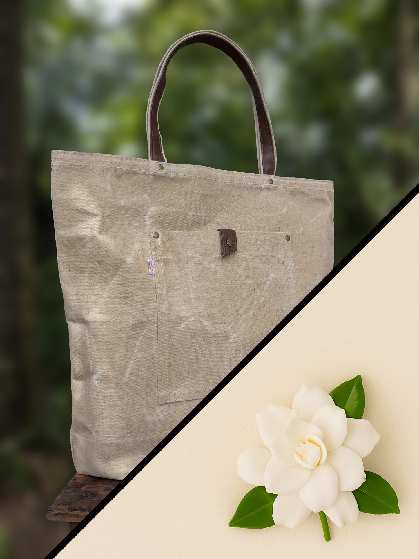 Waxed canvas tote bag.