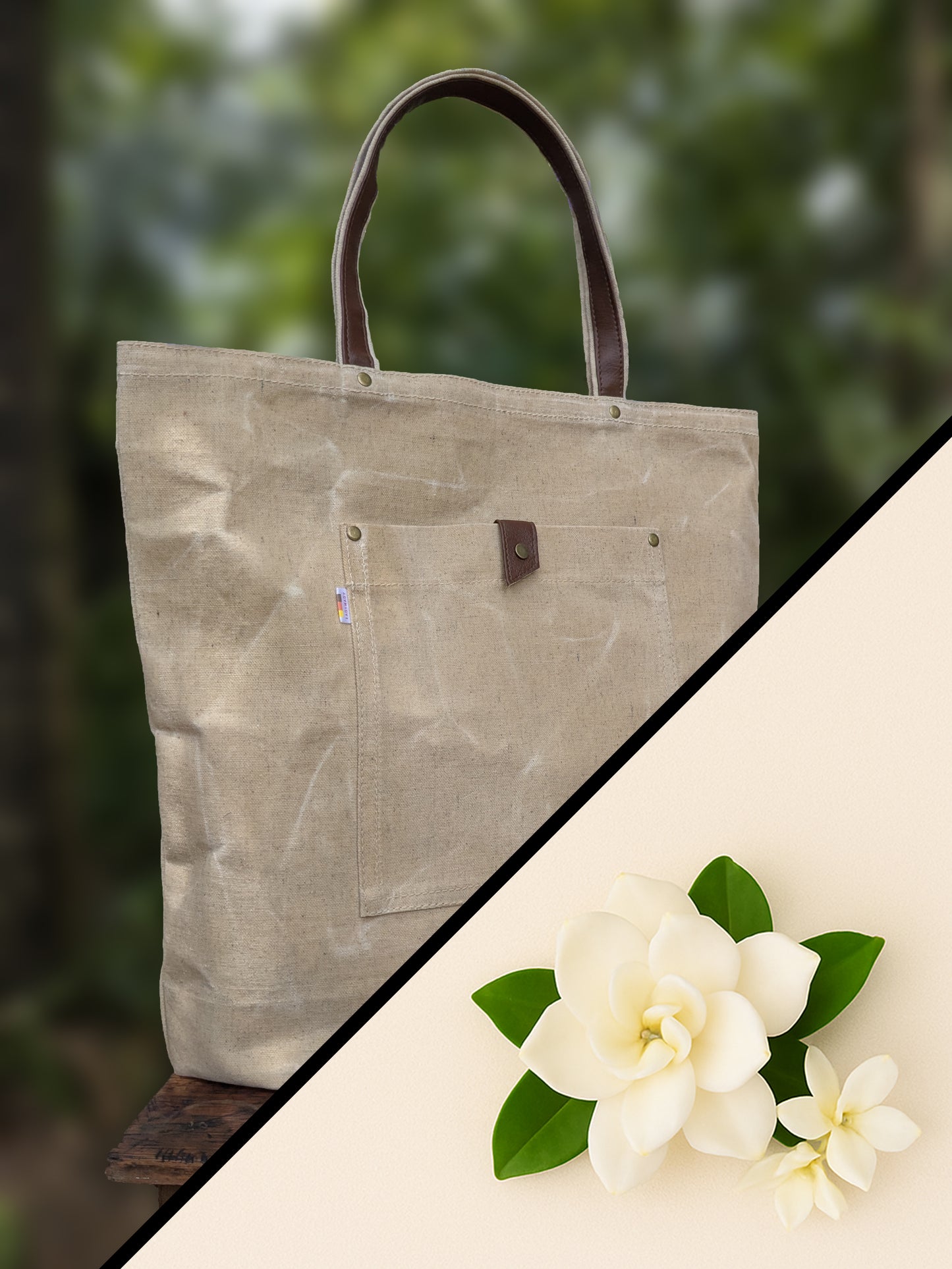 Waxed canvas tote bag.