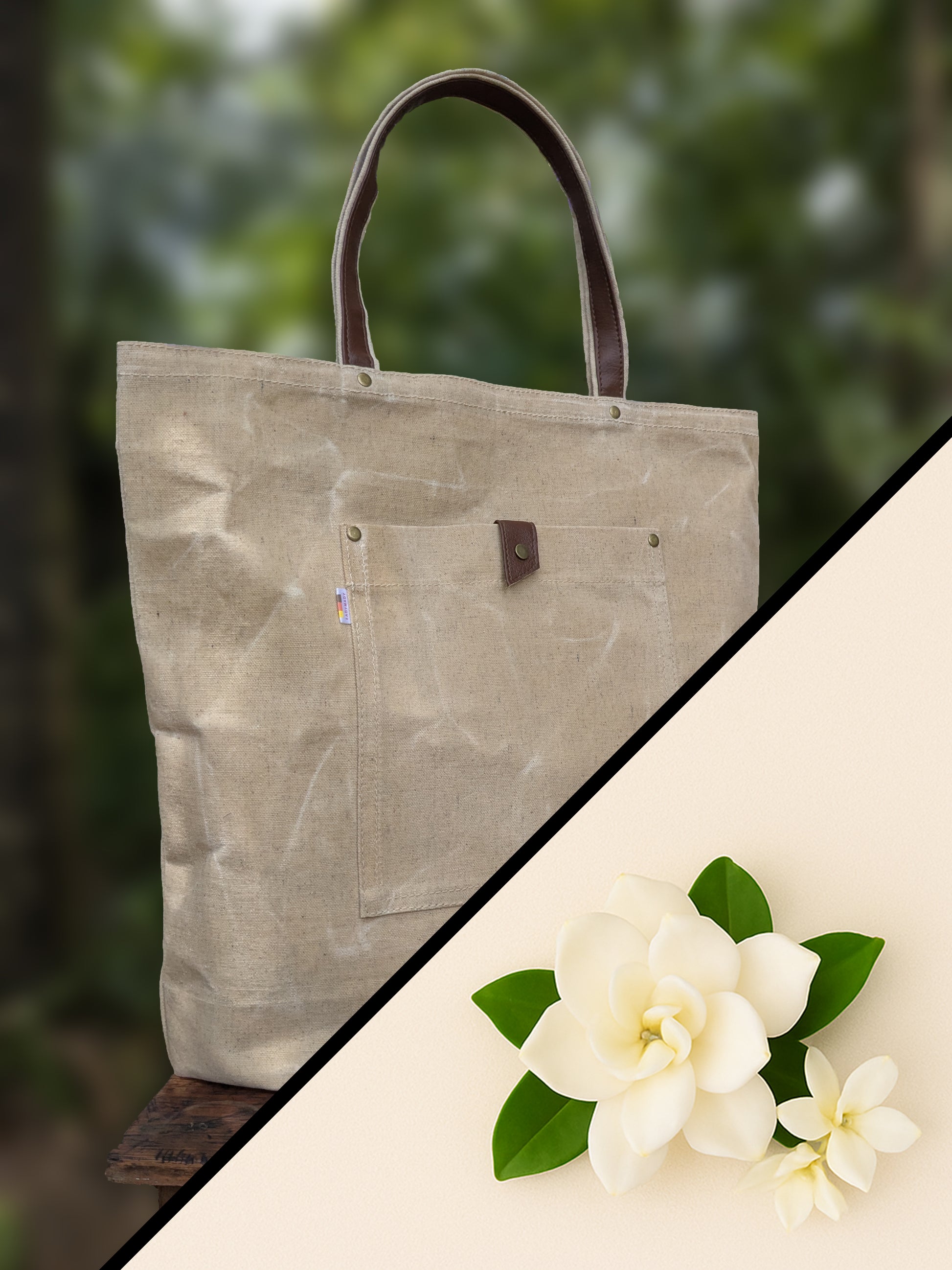 Waxed canvas tote bag.