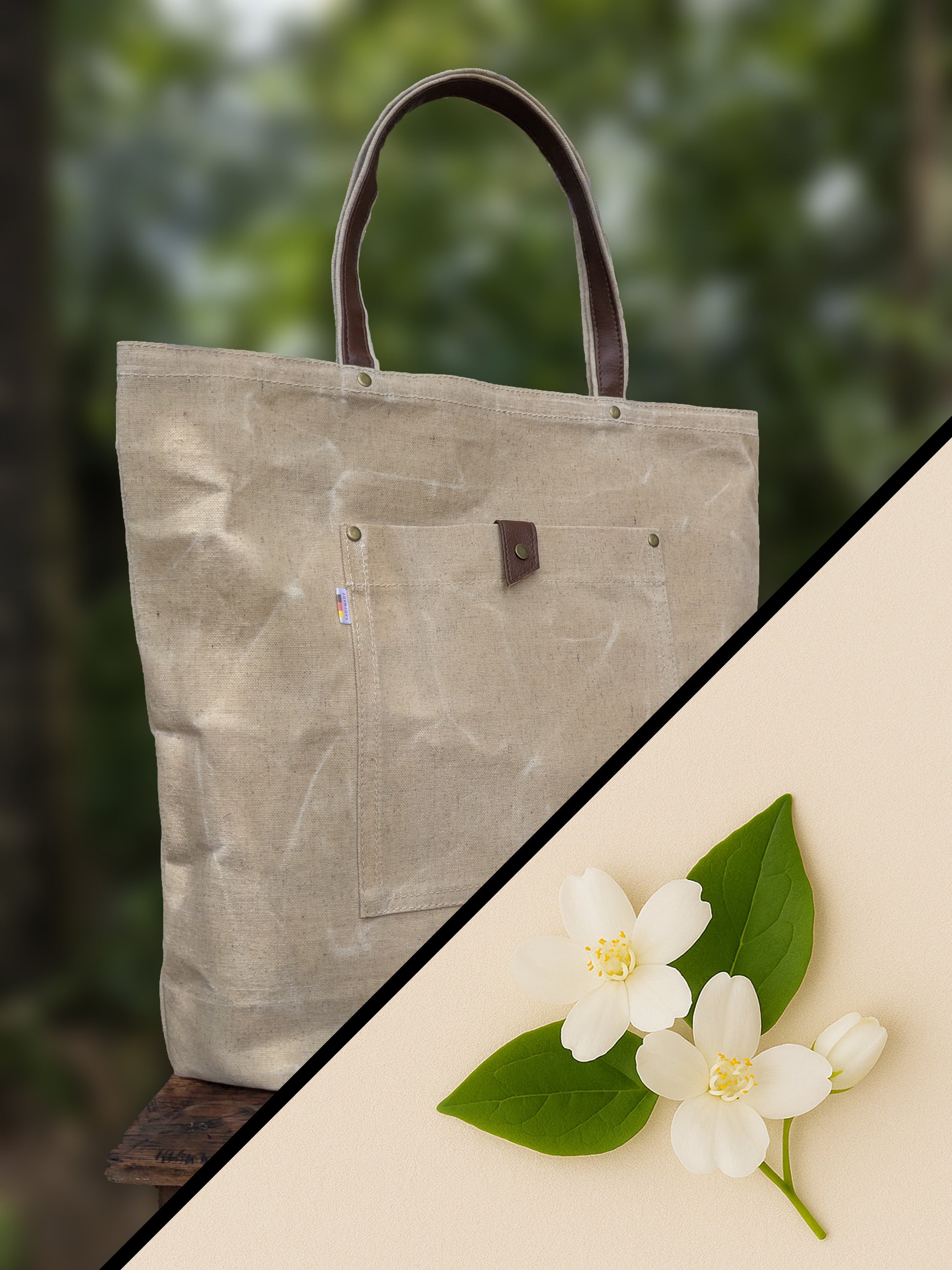 Waxed canvas tote bag.