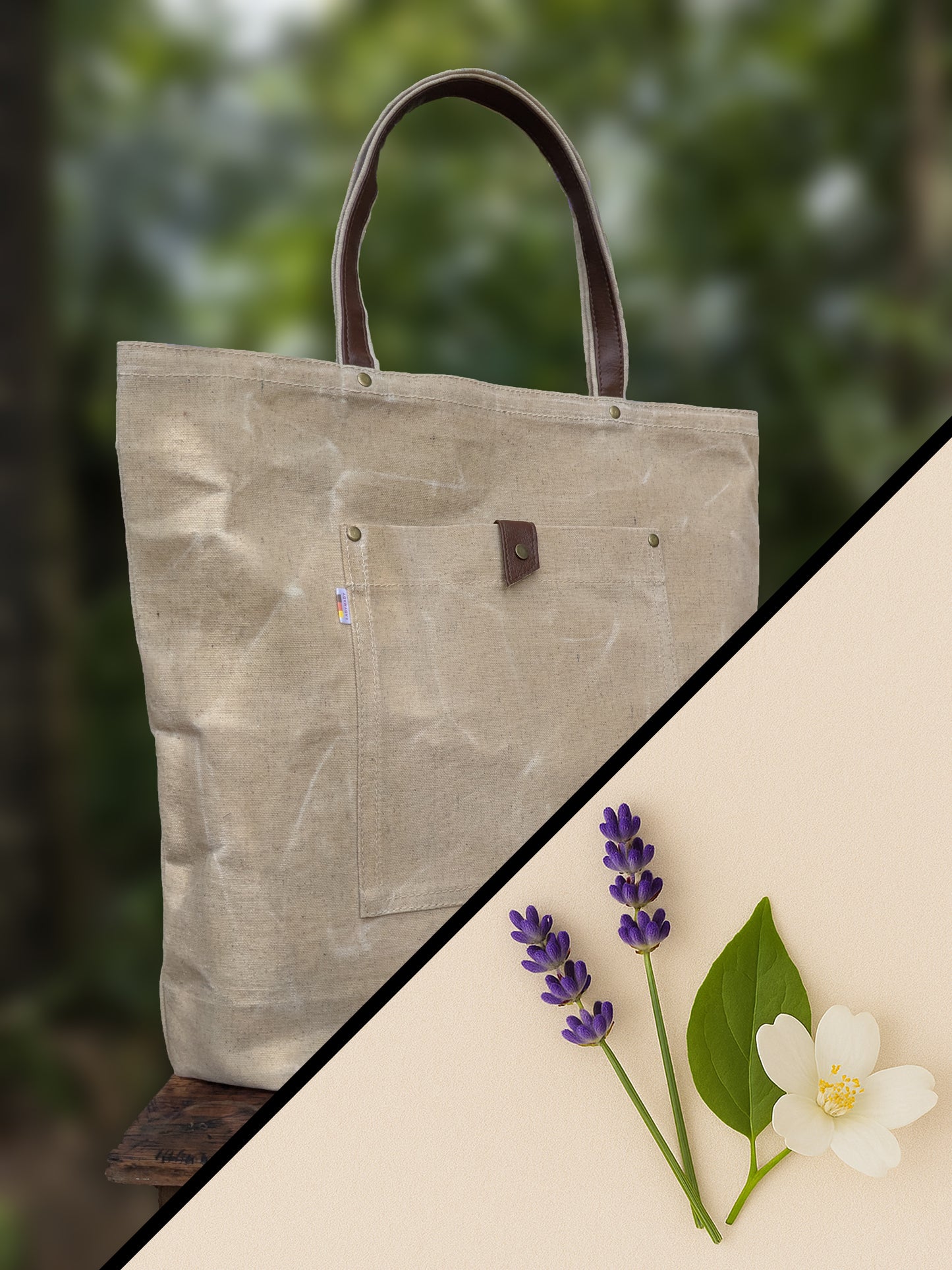 Waxed canvas tote bag.