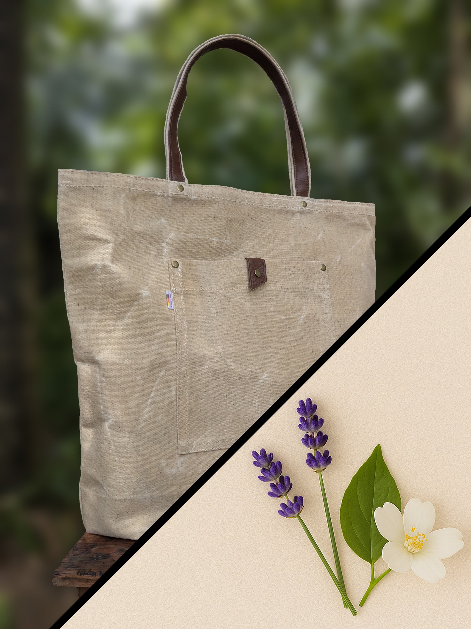 Waxed canvas tote bag.