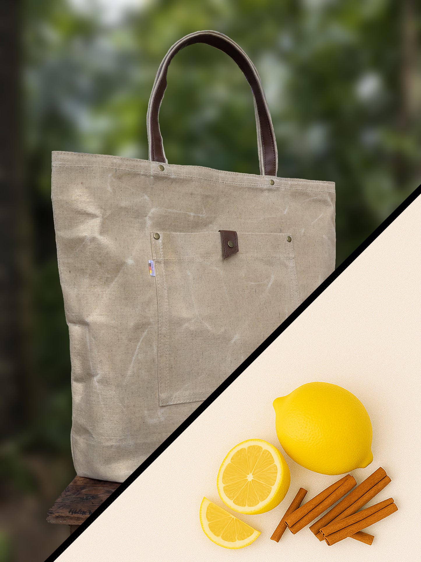 Waxed canvas tote bag.