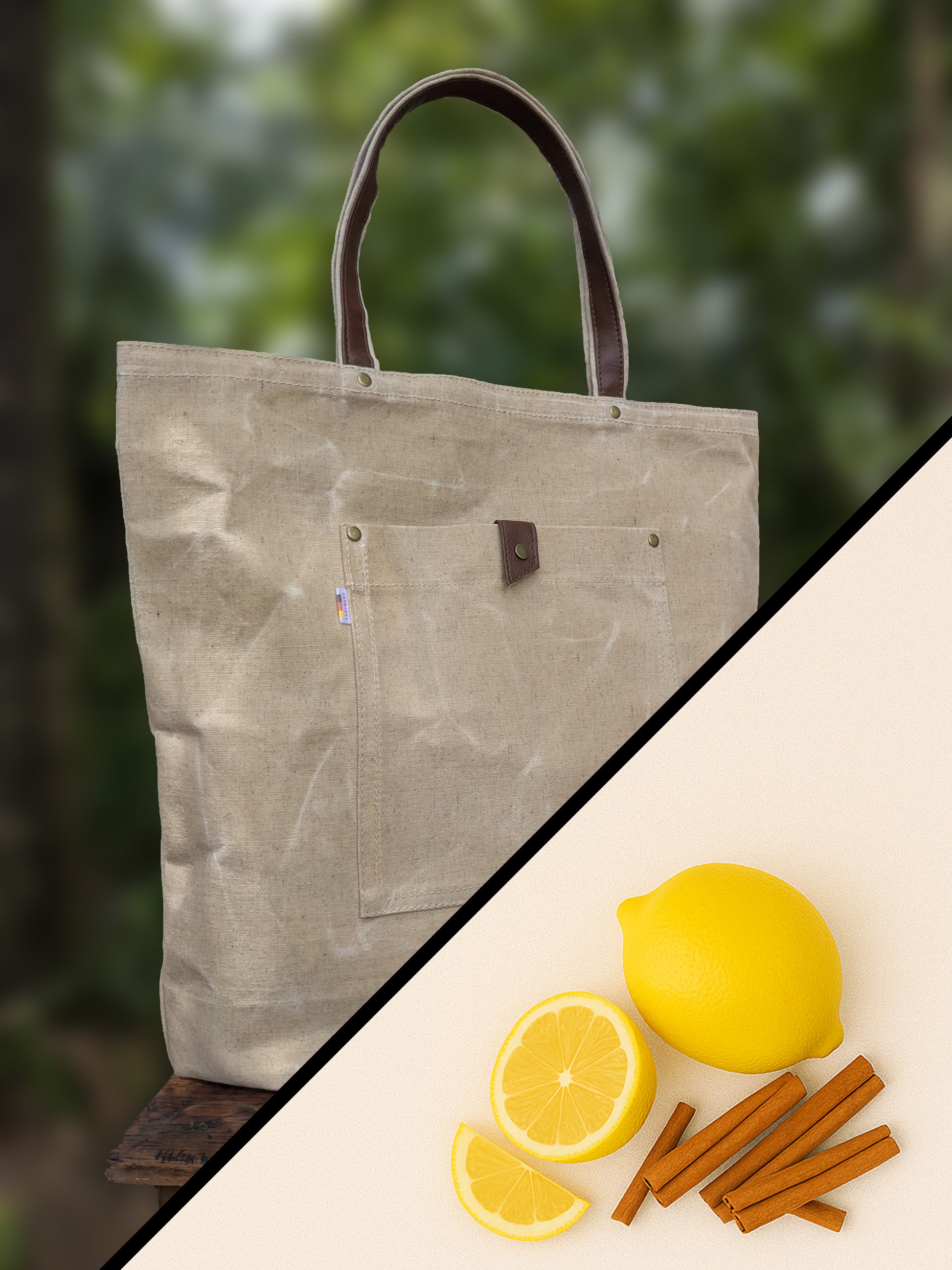 Waxed canvas tote bag.