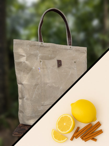 Waxed canvas tote bag.