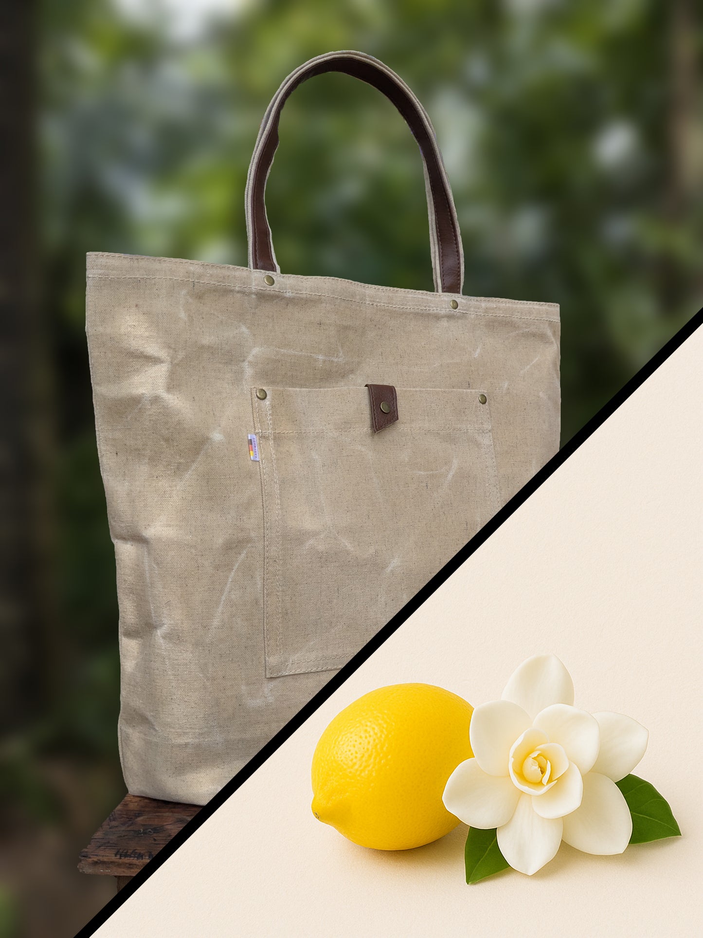 Waxed canvas tote bag.
