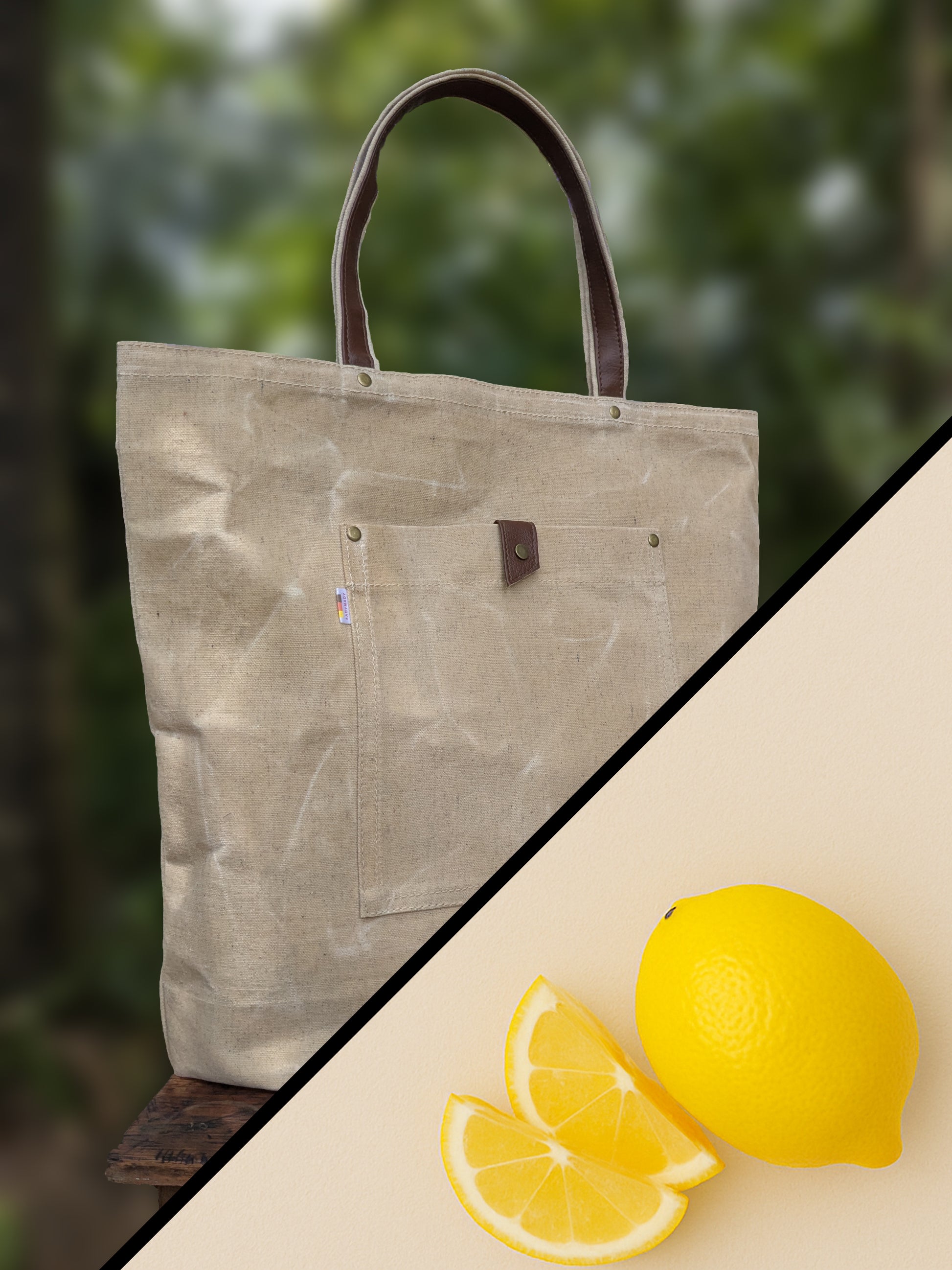 Waxed canvas tote bag.