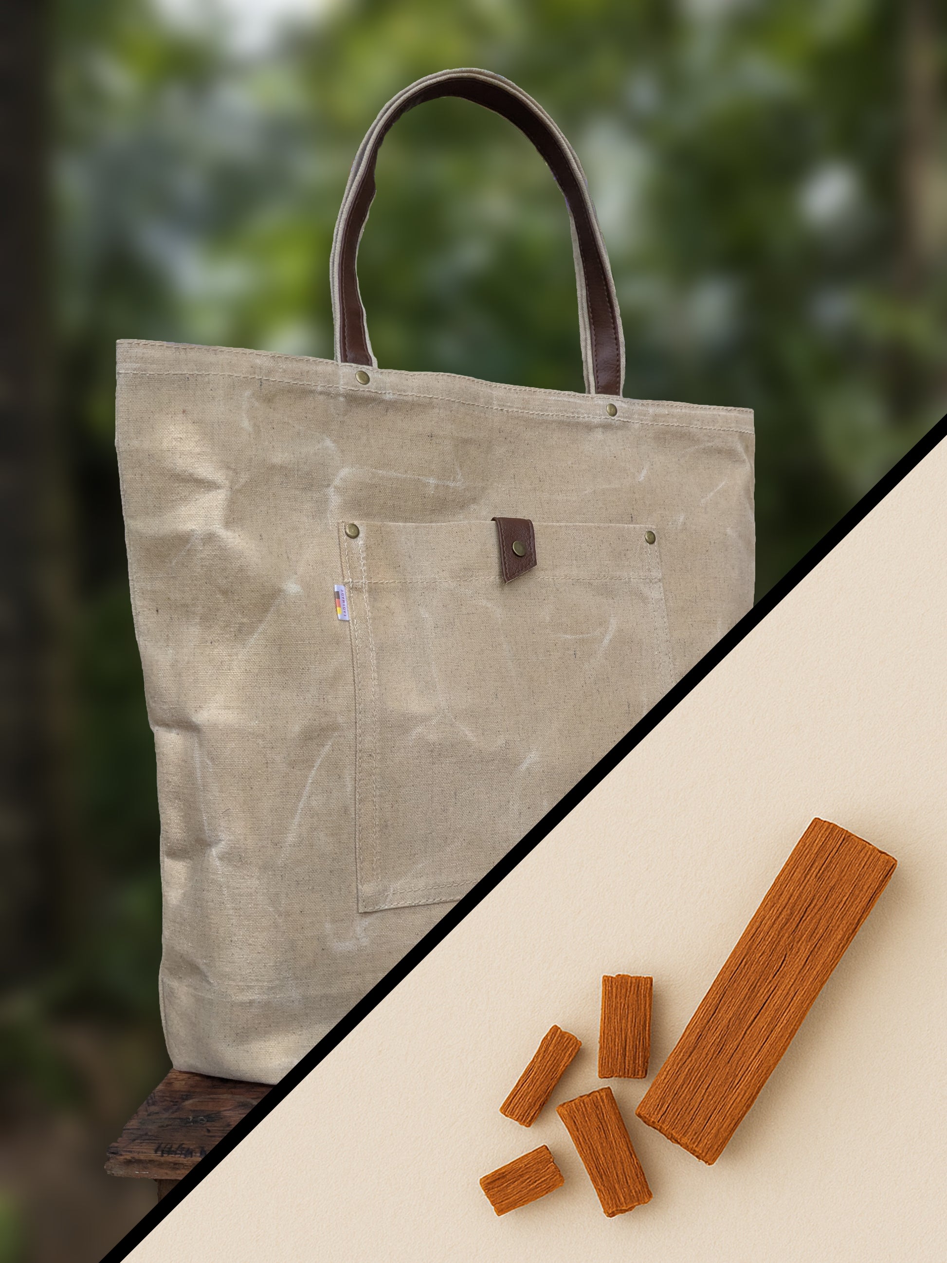 Waxed canvas tote bag.