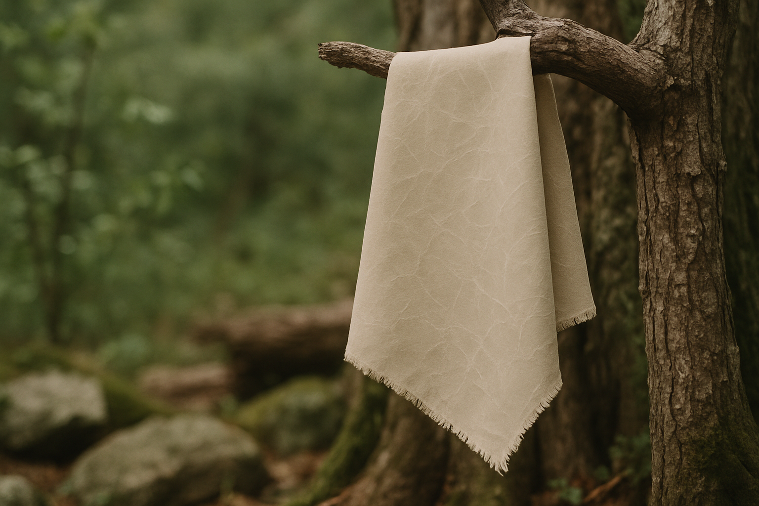 A calm and natural background, bee-waxed duck-canvas raw fabric piece without sew hem hang on a tree branch. wax cracked mark in fabric, fabric should locate right side of image, show half cut of fabric from right side. The composition should feel minimal, green nature. earthy elements and rustic.off-white, earthy color palette and elegant, with soft lighting. light colour image.