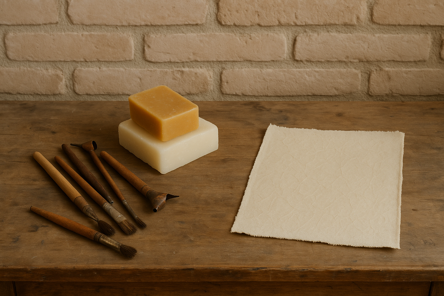 A calm and natural clay brick wall background, batik tool in untidy on one coner, real bee-wax, parafin wax, bee-waxed duck-canvas raw fabric shrank piece without sew hem in right side, wax cracked mark in fabric, all things shuffle on wooden table. The composition should feel minimal, green nature. earthy elements and rustic.off-white, light colour image.
